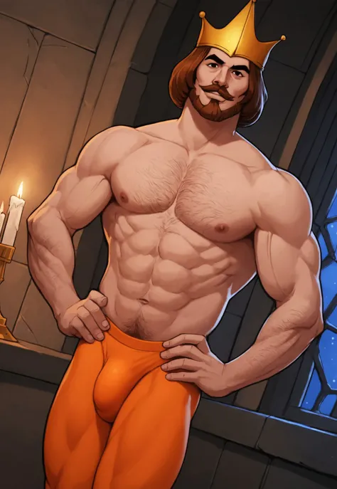 score_9, score_8_up, KingRandor, brown hair, medium hair, black eyes, facial hair, mustache, looking at viewer, smile, dynamic pose, detailed background, dutch angle, royal bedroom, window, night, candles, muscular, hairy legs, hairy arms, hairy chest, sex...