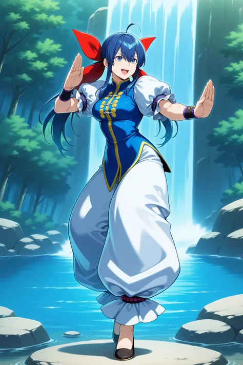 masterpiece, best quality, amazing quality, highres, absurdres, very aesthetic, high resolution, ultra detailed, perfect details, 1girl, outdoors, forest, waterfall, medium breasts, futaba hotaru, long hair, blue hair, twintails, hair bow, hair between eye...