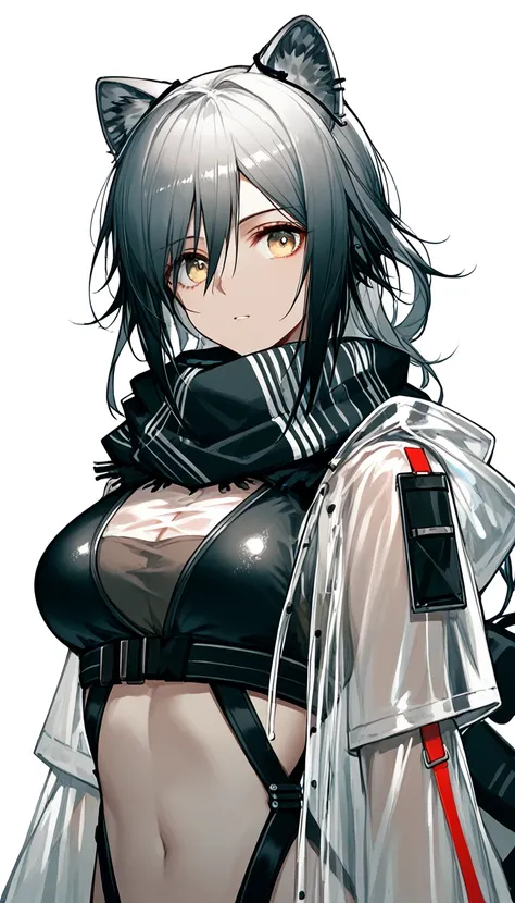 score_9_up,score_8_up, schwarz (arknights), 1girl, solo, breasts, looking at viewer, bangs, simple background, long sleeves, white background, hair between eyes, medium breasts, jacket, upper body, open clothes, scarf, open jacket, crop top, see-through, b...