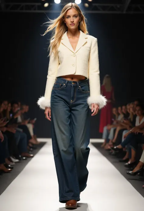 clo030, full-body shot, beautiful woman, long straight blonde hair, wearing a cream cropped blazer with feathered cuffs and high-waisted wide-leg denim jeans, cowboy boots, walking on a catwalk, spotlight at her