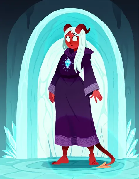 <lora:Procyart:1.0> procyart, lineless,  tiefling magic, glowing eyes, long white hair, horns, wizard clothes, robes, standing crystal cave background, rocks, barefoot