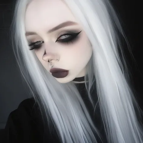 gothic aesthetic, soft lighting, moody atmosphere, pale skin, silver white hair, long straight hair, septum piercing, black eyeliner, dark eyeshadow, full lips, delicate face, realistic photography, mirror selfie, grunge style