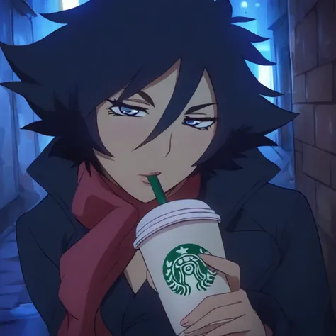 bootyattack_bluewrhuman, spiked hair, hair between eyes, scarf, coat, looking at viewer, seductive, holding starbucks cup, short hair, 1girl, alley, night, <lora:bootyattack_bluewr:1>