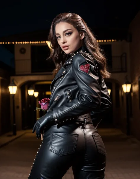 cinematic photo , realistic, best quality,  photorealistic,   , realistic, <lora:MaddyMayQuiron_v08i03e10t05nr77na64_Lora:1> maddymayQuiron woman, makeup, Leaning against a wrought-iron gate, she holds a single red rose, a symbol of love and passion,  leat...