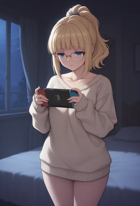 indoors, bed
1girl, blonde hair, blunt bangs, curvy, blue eyes, glasses, ponytail, oversized clothes, sweater, holding handheld game console, masterpiece, best quality, <lora:alpha91-il:1> alpha91-il, dark, night, night time, dim lighting