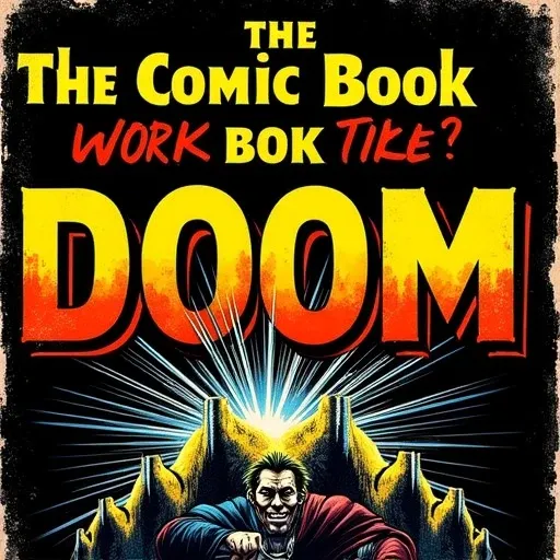 Create an antique 1960s comic-book cover for "The Comic Book Box of DOOM" from COOL COMICS.  Please ensure the font is sharp, modern, and dramatic, evoking a sense of conflict and grandeur. Background: Use a (pure black background) to provide maximum contr...