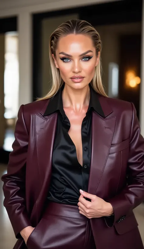 Candice Swanepoel, a beautiful female business executive wearing an bordeaux purple leather business suit with a open black buttondown satin shirt, wet slicked back blonde hair, strong seductive makeup, bedroom eyes, smiling, slim body, dynamic pose, cinem...