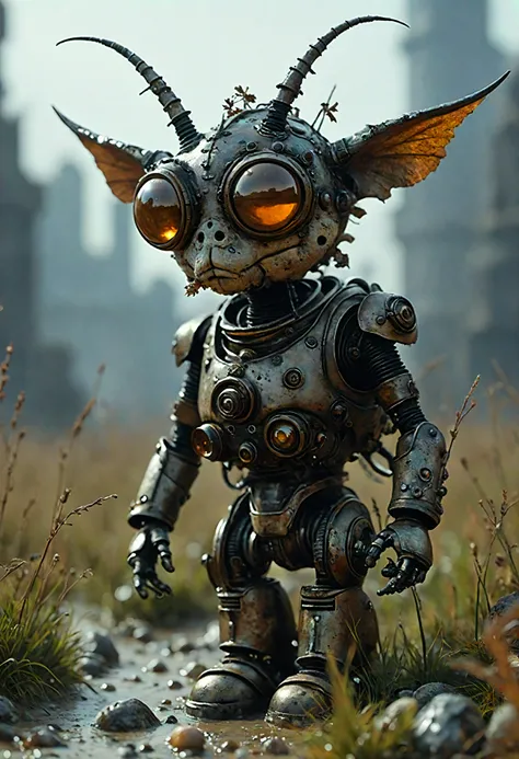 cinematic film still macro photography masterpiece,detailed hyperrealism,Craig Mullins,Jon Burgerman,geof darrow,jean-baptiste monge style - a bio mechanoid by jean-baptiste monge,(long fur on the head),(dumb face:1.4),grass,sand and debris in the ground,s...