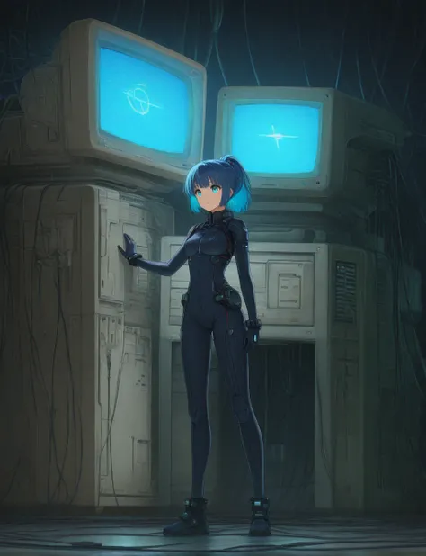 masterpiece,best quality,higres illustration,<lora:retro_pc_IL:1>,computer,1girl,solo,standing,blue hair,ponytail,sci-fi,bodysuit,cable,full body,