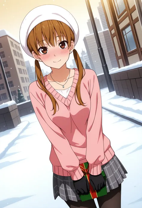 masterpiece, best quality, 1girl,solo, 
m shizuku, 1girl,low twintails, brown eyes, brown hair, long hair,<lora:m_shizuku:1> looking at viewer, light smile, blush, 
white headwear, earrings, collarbone, necklace, pink sweater, long sleeves, black gloves, p...