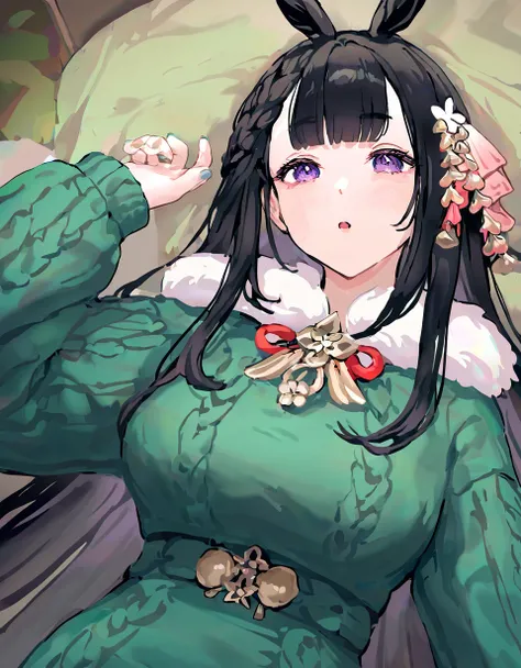 1girl, daisen (azur lane), azur lane, <lora:na_daisen_azur_lane_r32:1.0>, ((green winter sweater)), purple eyes, black hair, solo, (masterpiece), best quality, amazing quality, very aesthetic, absurdres, newest, artist: bibimbub <lora:animagine_fixhand_v1:...