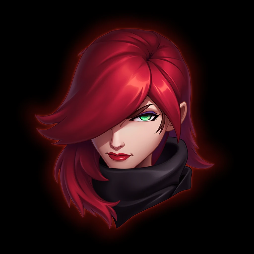 emotelol, 
focus on face, Katarina, poker face, serious, sharp eyes, red hair, green eyes, sleek, agile, assassin, focused, intense, calm, deadly, tactical, stealthy.
, cartoon emote style, detailed, league of legends, stroke, outer glow, black background
