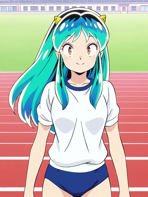 anime screencap, anime coloring, masterpiece, detailed face,
outside, on a track and field,
 <lora:Lum_Urusei_Yatsura_2022_-_Illustrious:.8>1girl, solo, lum, long hair, green hair, aqua hair, orange eyes, eyeshadow, oni, horns, buruma, white shirt, gym uni...