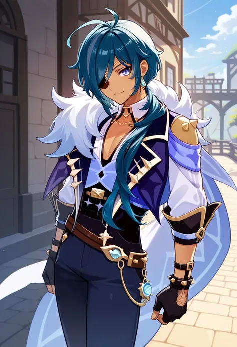 masterpiece, best quality, 
kaeya, 1boy, male focus, solo, dark skin, dark-skinned male, blue eyes, eyepatch, blue hair, bangs, antenna hair, long hair, ponytail, hair over shoulder, jewelry, earrings, shirt, blue shirt, jacket, blue jacket, fur trim, cape...