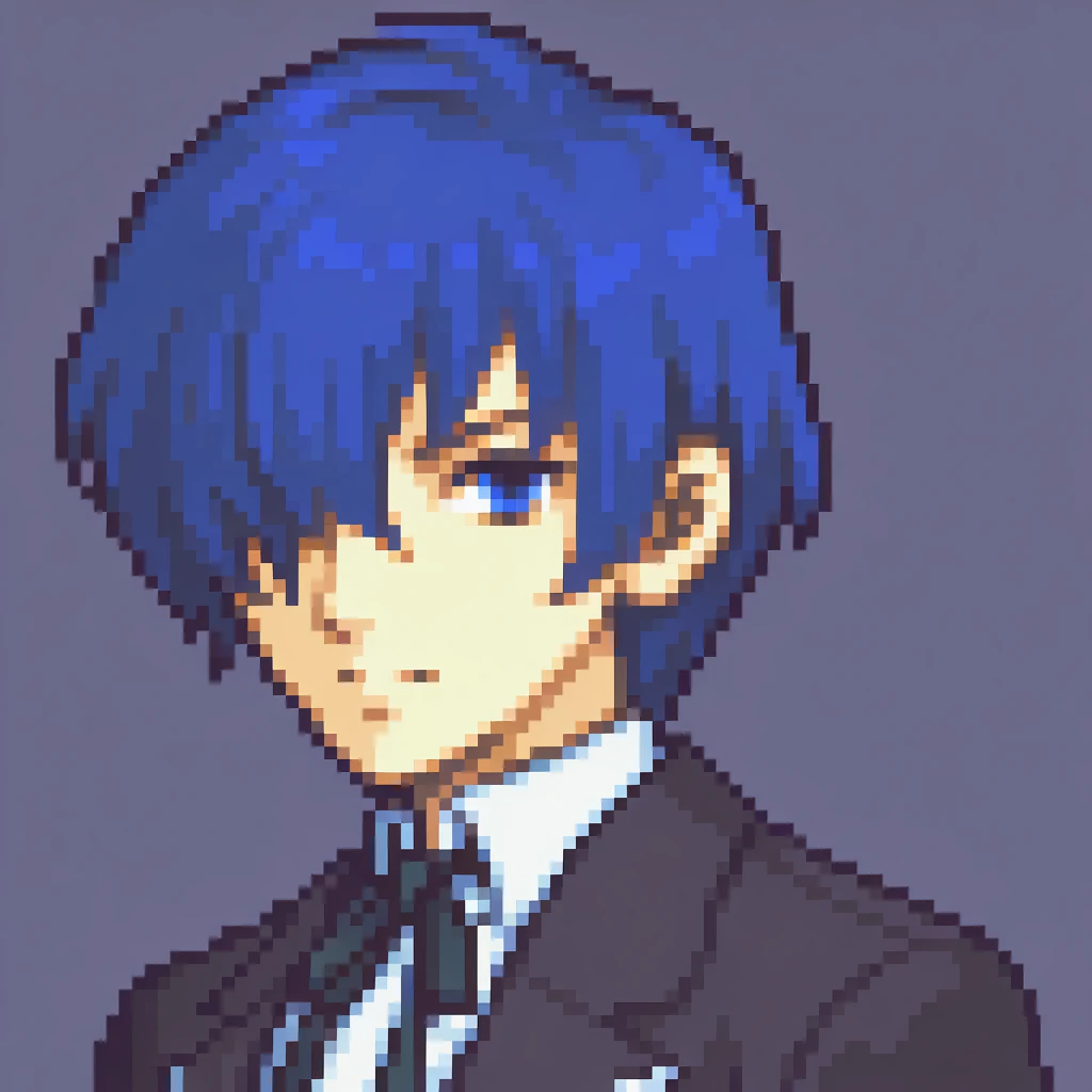 masterpiece, best quality, solo, 1boy, looking at viewer,  <lora:FEGBA-PortraitsV2-illus_Fp:1>, portrait, pixel art, simple background, upper body, <lora:Makoto-illus_Fp:1>, m4koto, blue hair, blue eyes, short hair, black jacket, collared shirt, black neck...