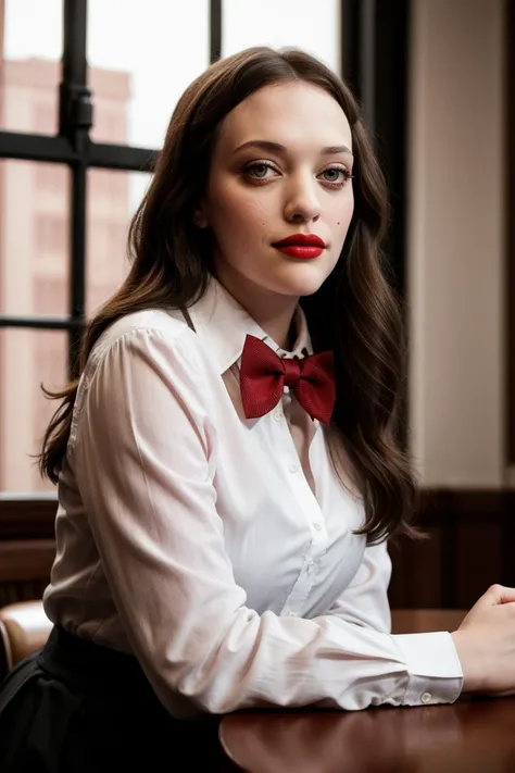 katden, a photo of a woman, ((detailed eyes, detailed face, masterpiece, high resolution, best quality)), (red lipstick, eye shadow, blush), (shirt, bowtie, sitting, coffee shop, window, table, coffee)