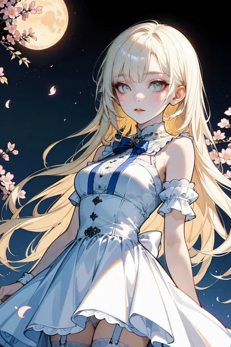 hezi,brilliant color,brush texture,beauty,Peach blossoms,petals falling,(wide shot, wide-angle lens,Panoramic:1.2),1girl,feminine sensibilities,white garter belt,white dress,bow,platinum blonde hair,night,starry sky,moon,<lora:çº¯å½©ç»ä¸½è´¨æ-000016:0.6...