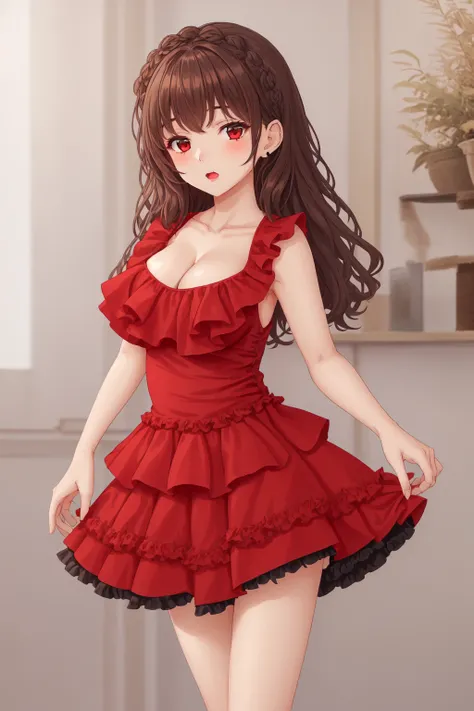 <lora:dsflnc:0.7> dsflnc, 1girl, red dress, mini dress, flounce skirt, sleeveless, tiered skirt, cleavage