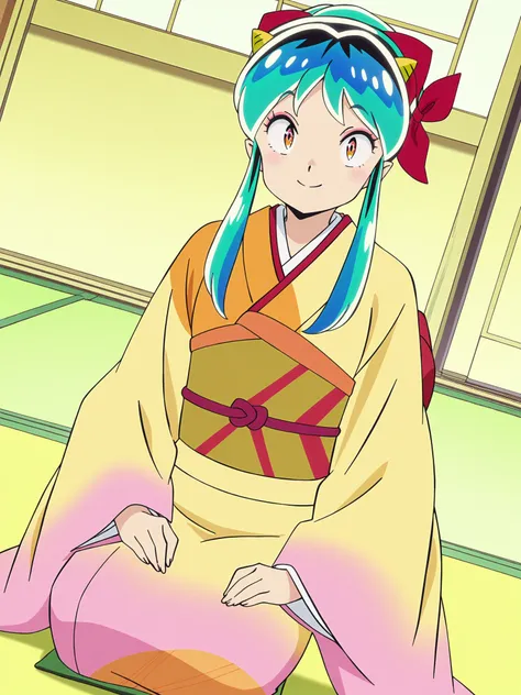 anime screencap, anime coloring, masterpiece, detailed face,
tatami, indoors,
 <lora:Lum_Urusei_Yatsura_2022_-_Illustrious:.8>1girl, solo, lum, long hair, green hair, aqua hair, multicolored hair, alternate hairstyle, hair bow, red bow, orange eyes, eyesha...