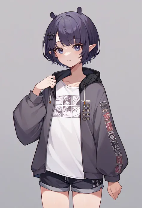 score_9,score_8_up,score_7_up,score_6_up,score_5_up,score_4_up,
1girl, ninomae inanis, virtual youtuber, short hair, bob cut, hair ornament, flat chest, pointy ears, dark grey hooded jacket, white t-shirt, print shirt, black short shorts,
solo, cowboy shot...