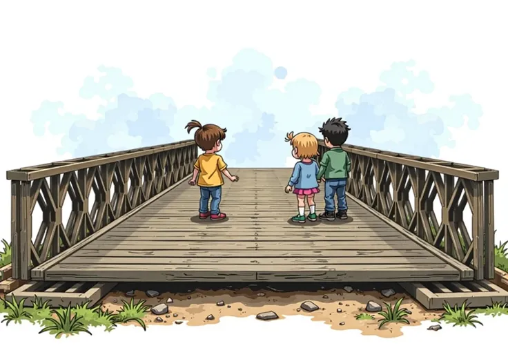 Childrens sketches, illustrations, children crossing a temporary bridge,. <lora:bailey-bridge:1>,bailey bridge, <lora:schnell_v1.0:1> none