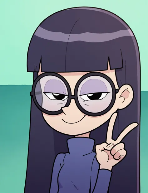 score_9, score_8_up, score_7_up, score_6_up, score_5_up, score_4_up, 1girl, <lora:Pandora_Les_filles_de_dad:0.9> pandora, glasses, long hair, turtleneck sweater, purple footwear, skirt, black pantyhose, long hair, blunt bangs, smile, half-closed eyes, solo...