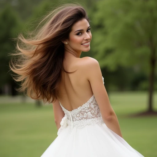 A dynamic stop motion portrait of a beautiful smiling brunette woman with her hair styled in a voluminous 90svsblow. Shes at her outdoor wedding, wearing a beautiful white Galia Lahav wedding gown, shes facing away from the camera and spinning around so th...