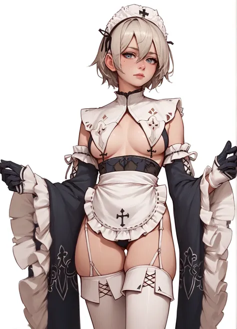 1girl, solo, cowboy shot, white background, holyservice2B, maid, frills, headdress, clothing cutout, gloves, wide sleeves, white apron, detached sleeves, white thighhighs, garter straps <lora:Nier_Dishwasher2B-PONY:0.8>, score_8_up, score_7_up, score_6_up,...