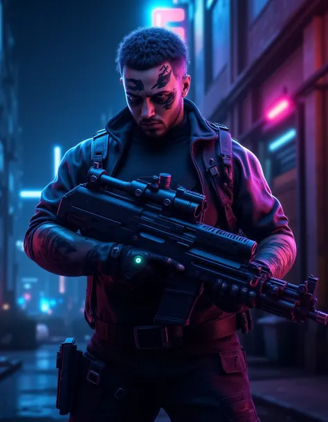<lora:cyberpunk_512_dev_f1_k:1> Cinematic Portrait, Cyberpunk Street, Gunman with Neon Tattoo, Intense Stare, Dark Alleyway, Rainy Night, High Contrast Lighting, Extreme Detail, 4k Resolution
