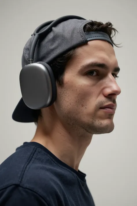 appleapm, a man wearing a pair of wireless sleek, modern over-ear headphones and a backwards cap, his mouth is closed and he is looking at the camera. <lora:WirelessHeadphonesFlux:0.8>