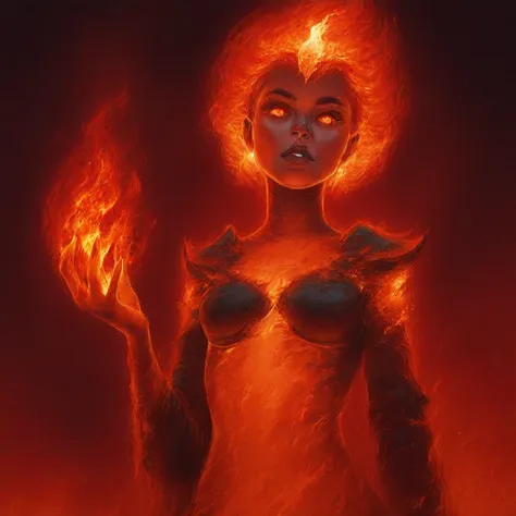 best quality, masterpiece, 1girl, FireelementalIL, fire(theme), FireelementalIL.V1-female, fire, flame, fire hair,