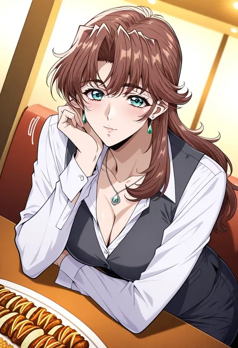 masterpiece, best quality, newest, highres, uncensored, 1girl, yokota mamoru style,1girl, slender face，motion lines,blush
Zeroshiki Makoto,Brown Hair, Long Hair, Parted in Middle,Teal Eyes,Pendant Earrings, Pendant Necklace
cleavage, office lady, long slee...