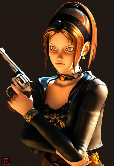 realistic, 3D, koudelka, 1girl, short jacket, holding revolver, frown