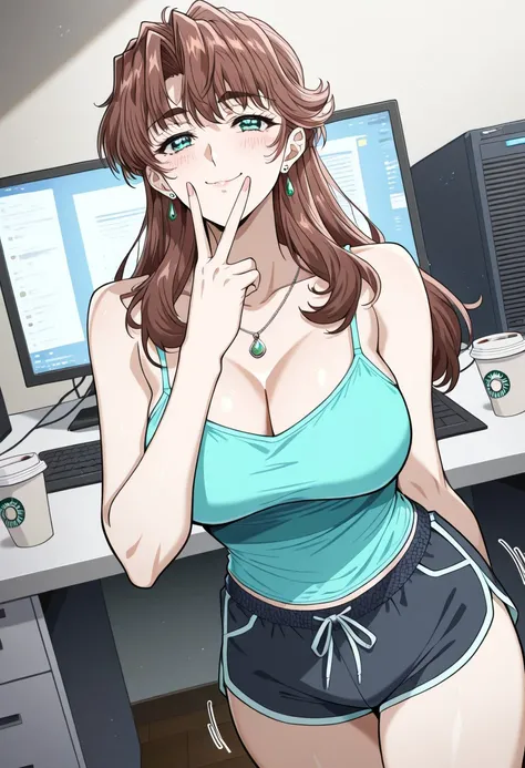 masterpiece, best quality, newest, highres, uncensored, 1girl, yokota mamoru style,1girl, slender face，motion lines,blush
Zeroshiki Makoto,Brown Hair, Long Hair, Parted in Middle,Teal Eyes,Pendant Earrings, Pendant Necklace
cleavage, bare shoulders, camiso...