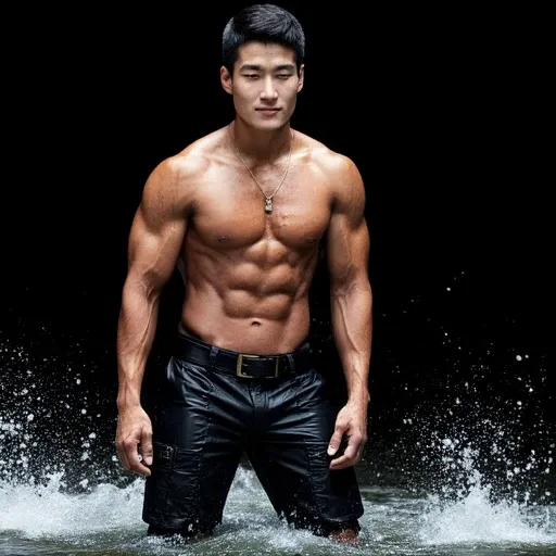 preppers, Striking editorial-style photograph featuring a korean male model with a muscular physique. The model is kneeling in water, wearing black cargo pants with numerous straps and buckles. Water splashes are dramatically captured in motion around him,...