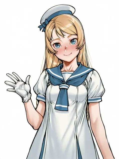 masterpiece, best quality, amazing quality, very aesthetic, high resolution, blackrabbit,
1girl, solo, dress, blonde hair, hat, blue sailor collar, long hair, white headwear, sailor collar, blue eyes, white dress, gloves, sailor dress, white gloves, white ...