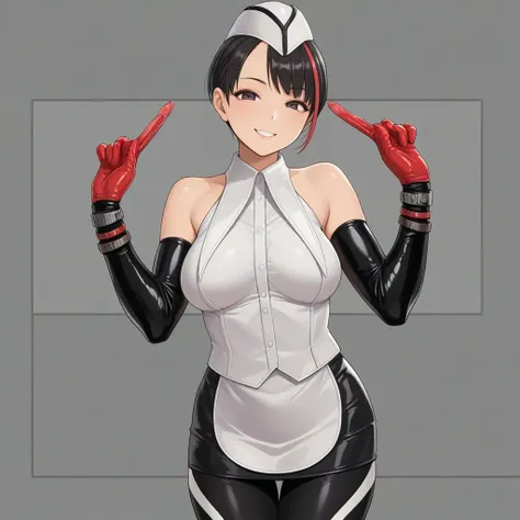 looking at viewer, smile,  <lora:naomi_(den-o):1> naomi, gloves, hat, bare shoulders, red gloves, elbow gloves, pantyhose, skirt, garrison cap, sleeveless shirt, ,1girl, black hair, short hair, 
nsfw,background,, masterpiece, best quality, amazing quality,...