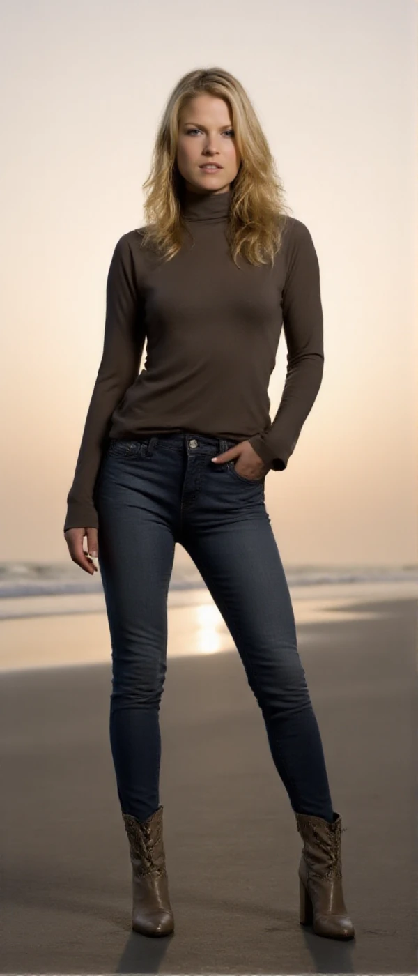 <lora:Niki Sanders:0.9> niki sanders, a blond woman. She wears a turtleneck and tight jeans and higheels. She poses on the beach at sunset