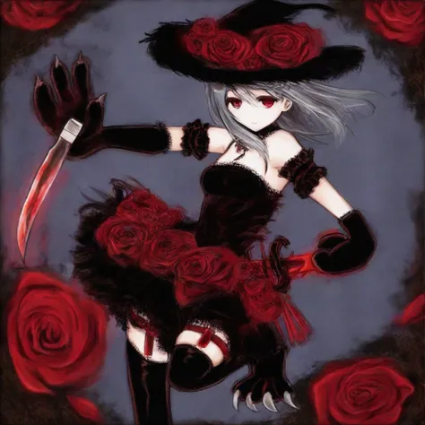 sword, red rose, arm cuffs, standing on one leg, hat, upper body, knife, animal hands, elbow gloves, magic