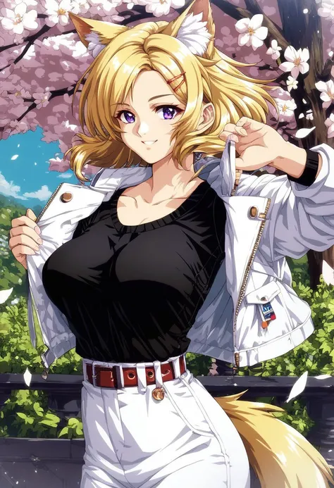 D.PulidoStyle,
, score_9, score_8_up, score_7_up, solo, 1girl, outdoors, looking at viewer, purple eyes, animal ears, animal ear fluff, blonde hair, hair ornament, hairclip, large breasts, tail, jacket, white jacket, long sleeves, open clothes, open jacket...