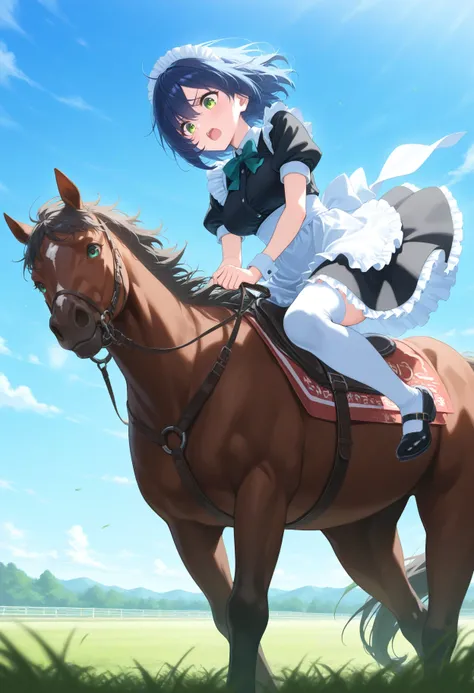 1girl,(sho (sho lwlw):0.7),(toosaka asagi:0.5),(sincos:0.3),solo,
masterpiece, best quality, newest, absurdres, CG, anime, source anime, illustration,
maid, maid headdress,medium breasts,
do deuce, 1boy, horse, riding, grass, outdoors, day, saddle, reins, ...