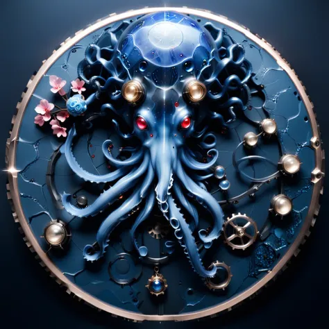 planet, constellation, octopus, cherry blossoms, gears, blue flower