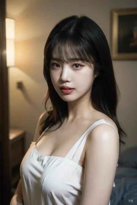 (realistic), (hyperrealism),best quality, masterpiece,ultra high res, (photorealistic:1.4),1girl,(looking at viewer:1.2),1girl, solo, realistic, looking at viewer, parted lips,  torn white dress,   <lora:makina69_soojin_v1.0:1>, inside old apartment, upper...