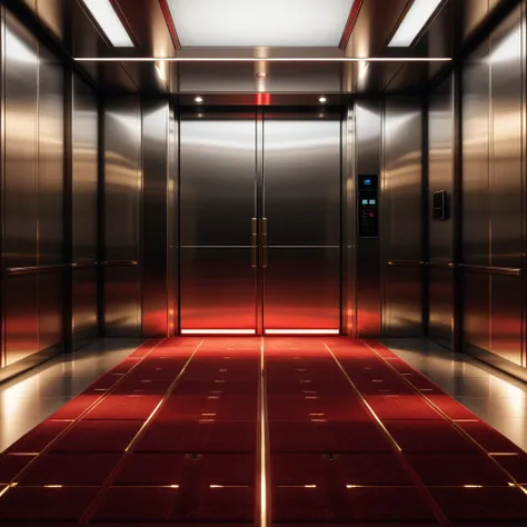 (Simple elevator interior:1.2), Symmetrical composition, Red carpet flooring, (Floor indicator above doors:1.3), Metallic control panel, Polished steel walls, Subtle reflections, (Soft dim lighting:1.2), Shadowed corners, Minimalist details, Subdued ambian...