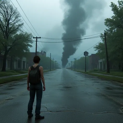 The image is a highly detailed, realistic rendering depicting a somber, post-apocalyptic scene. The setting is a desolate, overgrown street with a cracked, weathered asphalt surface. A lone figure stands in the foreground, facing a large, ominous plume of ...