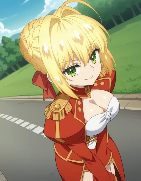 score_9, score_8_up, score_7_up, source_anime, <lora:nero-claudius-extra-s1-ponyxl-lora-nochekaiser:1>, nero claudius, ahoge, blonde hair, green eyes, hair between eyes, hair intakes, large breasts, anime screencap,, bow, braid, braided bun, buttons, cleav...