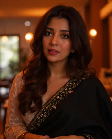 A close-up shot of a woman with long dark brown hair standing, a black saree in a nicely warm and cozy lit cafe. Her eyes are wide open, and her lips are pink. and the womans hair cascades over her shoulders,barkhas