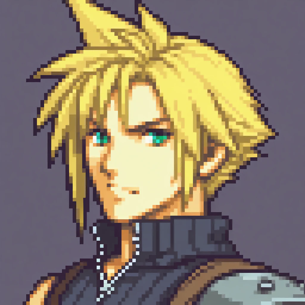 masterpiece, best quality, solo, 1boy, looking at viewer,  <lora:FEGBA-PortraitsV2-illus_Fp:1>, portrait, pixel art, simple background, upper body, cloud strife,