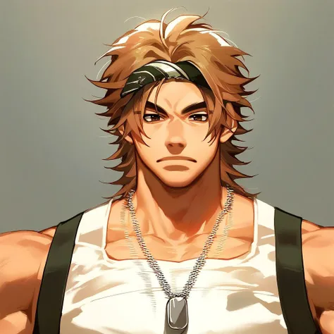 score_9,score_8_up,score_7_up, source_anime, masterpiece, best quality, JEF, 1boy, male focus, solo, dog tags, brown eyes, tank top, muscular, upper body, necklace, jewelry