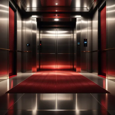 (Simple elevator interior:1.2), Symmetrical composition, Red carpet flooring, (Floor indicator above doors:1.3), Metallic control panel, Polished steel walls, Subtle reflections, (Soft dim lighting:1.2), Shadowed corners, Minimalist details, Subdued ambian...